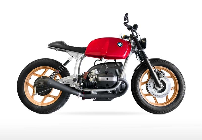cafe racer BMW R 80 with red tank, chrome frame and bronze rims